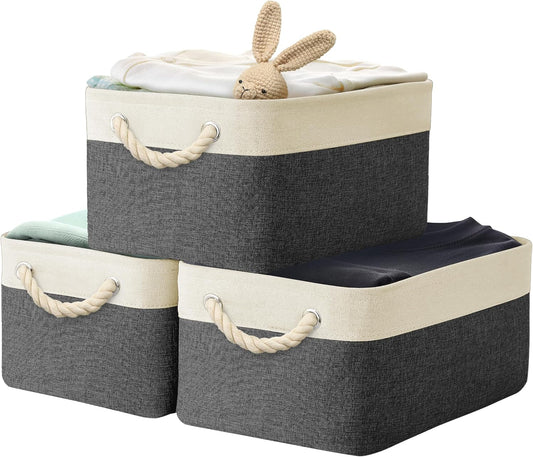 SIMPLE HOUSEWARE Large Fabric Storage Bin, 15.7" x 12" with Braided Handles, 3 Pack, Dark Gray