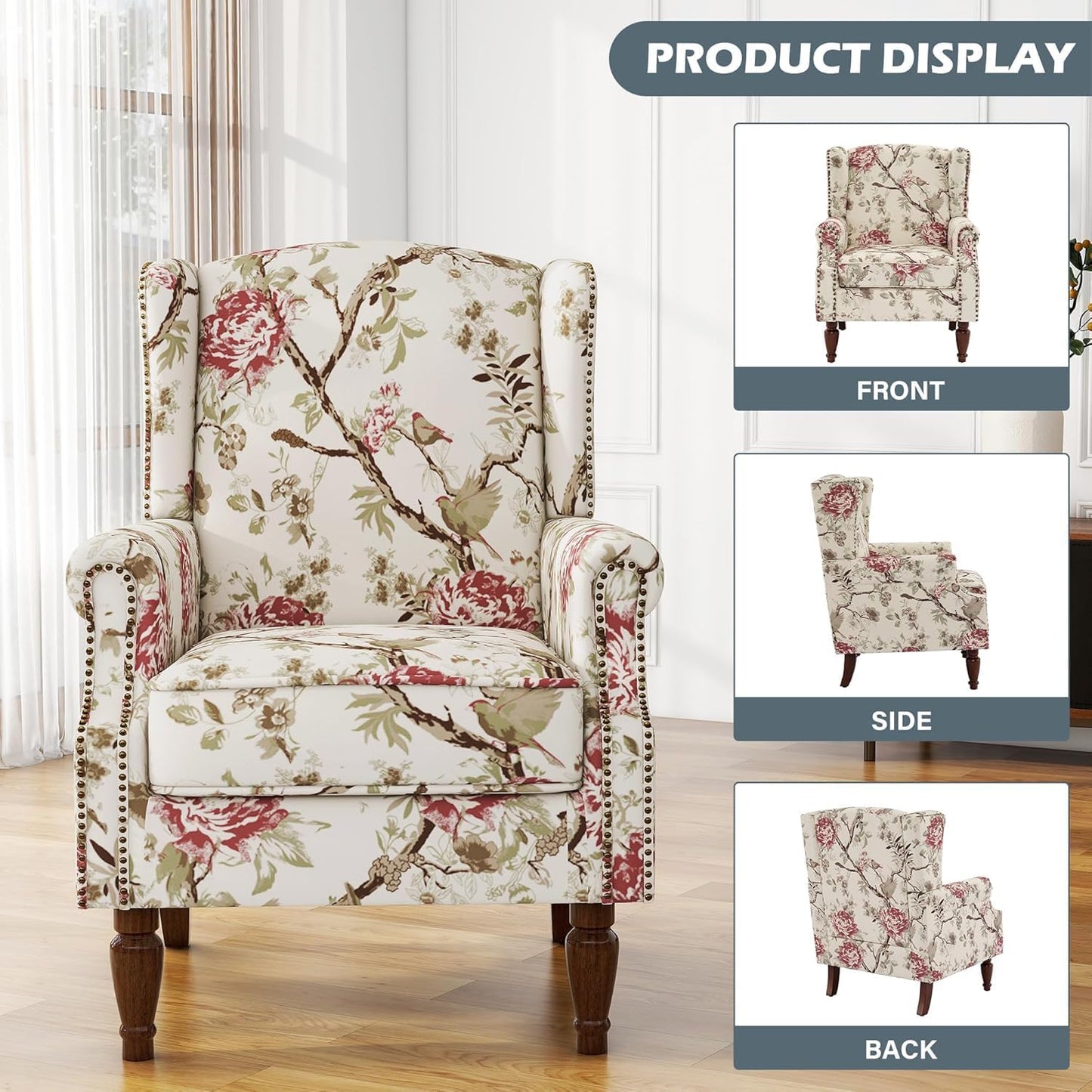 UIXE High Back Accent Chair, Wingback Upholstered Armchair in Fabric for Living Room, Retro Arm Chairs Nailhead Trim Single Sofa Bedroom Reading Seat with Solid Wood Legs - Beige Floral