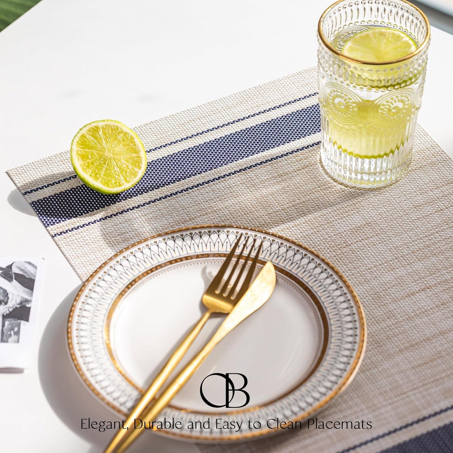 Placemats Set of 6 - Easy Clean Woven Vinyl Placemats for Dining Table, Indoor/Outdoor Place Mats, Washable PVC Table Mats（Blue Skyline）