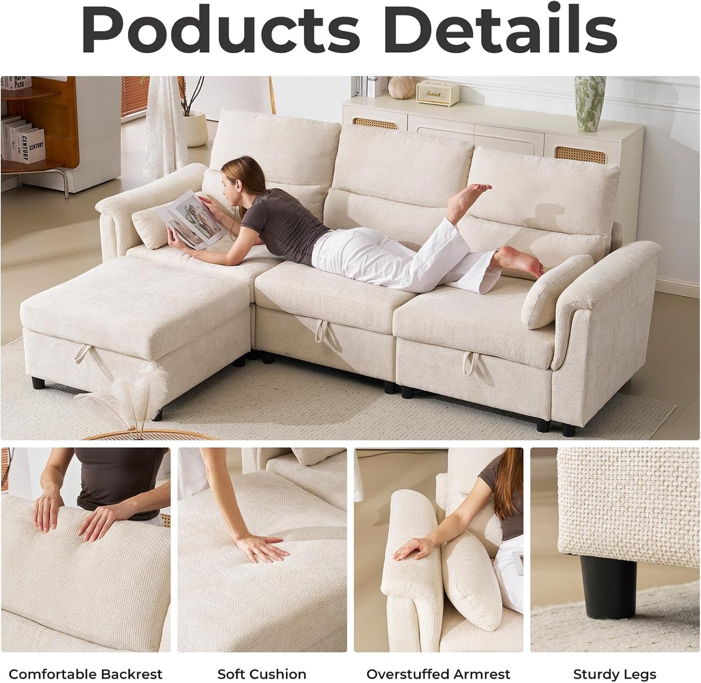 103'' Modular Sectional Sofa, L Shaped Comfy Cloud Couch with Storage,4-Seat Convertible Modern Deep Seat Sofa with Throw Pillows for Living Room,Beige