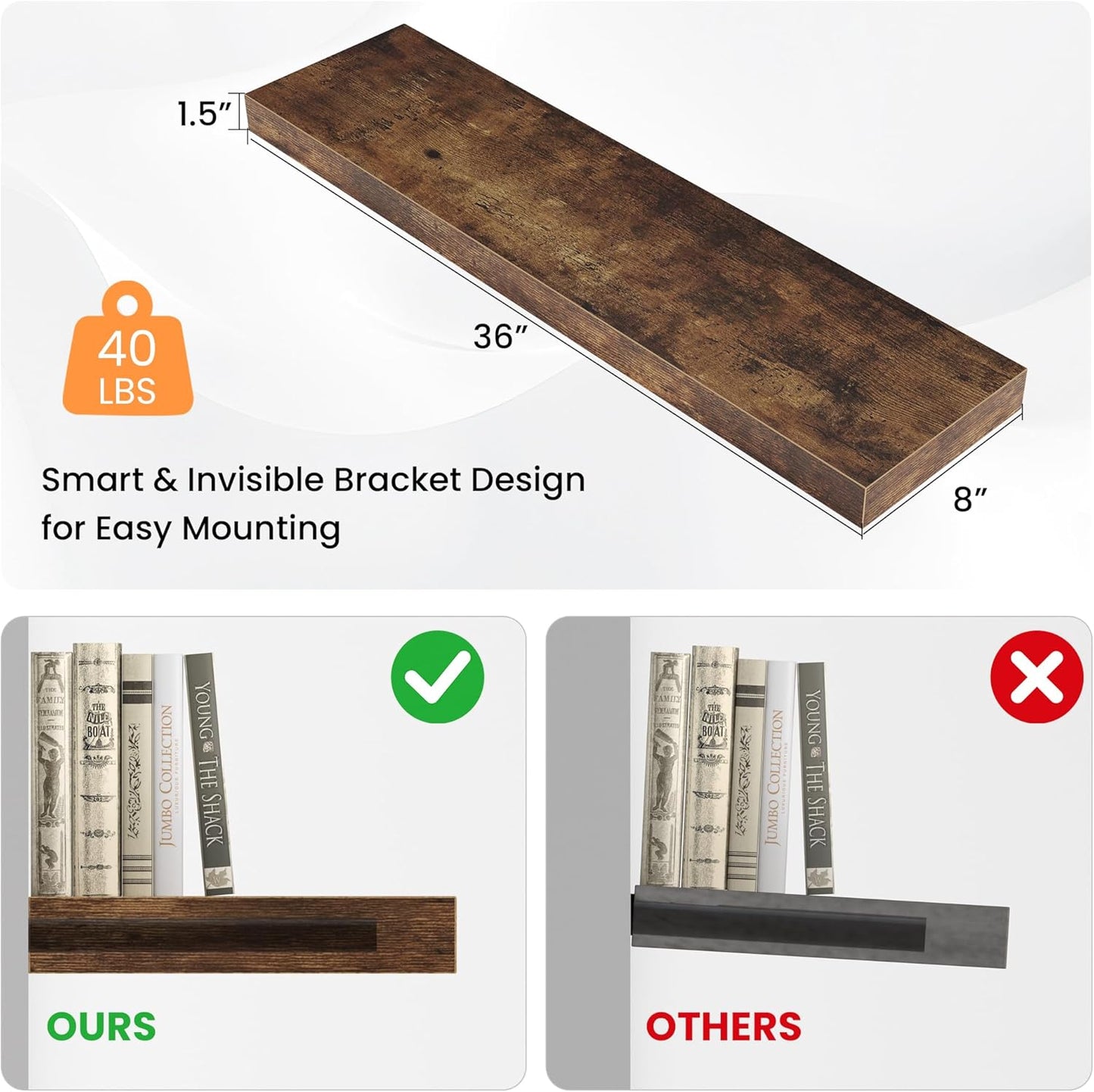 Floating Shelves for Wall, 36"W x 8"D x 1.5"H, Wooden Wall Mounted Display Shelves with Invisible Brackets for Living Room, Bedroom, Bathroom, Kitchen Decor and Storage, Set of 2, Rustic Brown