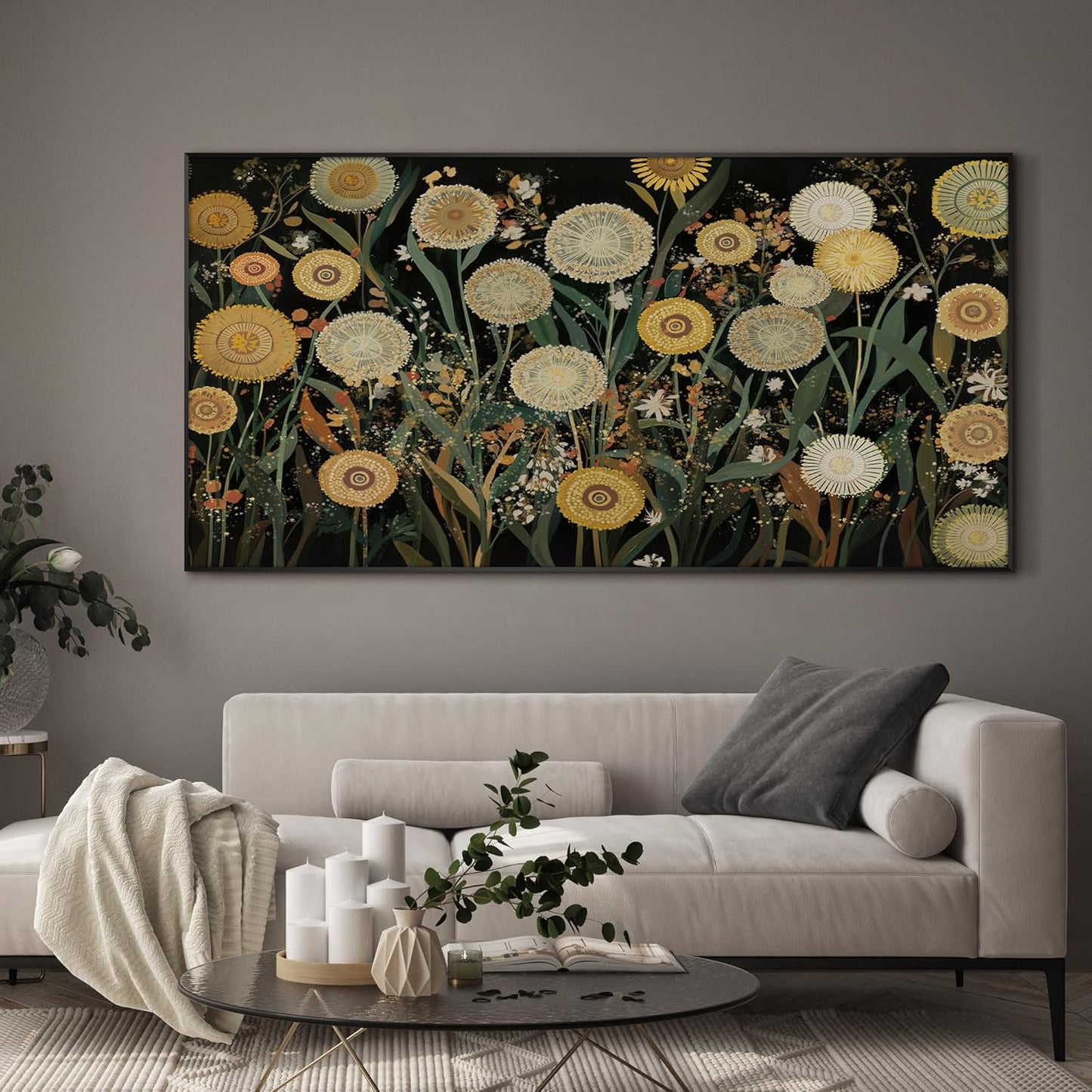 SIGNWIN 36"x72" Extra Large Framed Wall Art Whimsical Dandelion Field in Yellow and Green, Playful Botanical Print for Home Living Room Bedroom Decor (Frame Assembly Required)