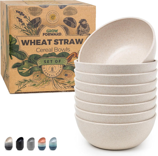 Grow Forward Premium Wheat Straw Bowls - 27oz Microwave Safe Plastic Cereal Bowls Set of 8 for Kitchen, Camping, RV, Dessert, Snack, Soup, Salad, Fruit - Reusable, Unbreakable & BPA Free - Sahara