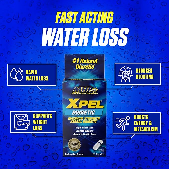MHP Xpel Maximum Strength Diuretic Water Pills, for Water Retention Relief, Weight loss Support, with Vitamin B-6 Potassium Dandelion Root, 80 Capsules