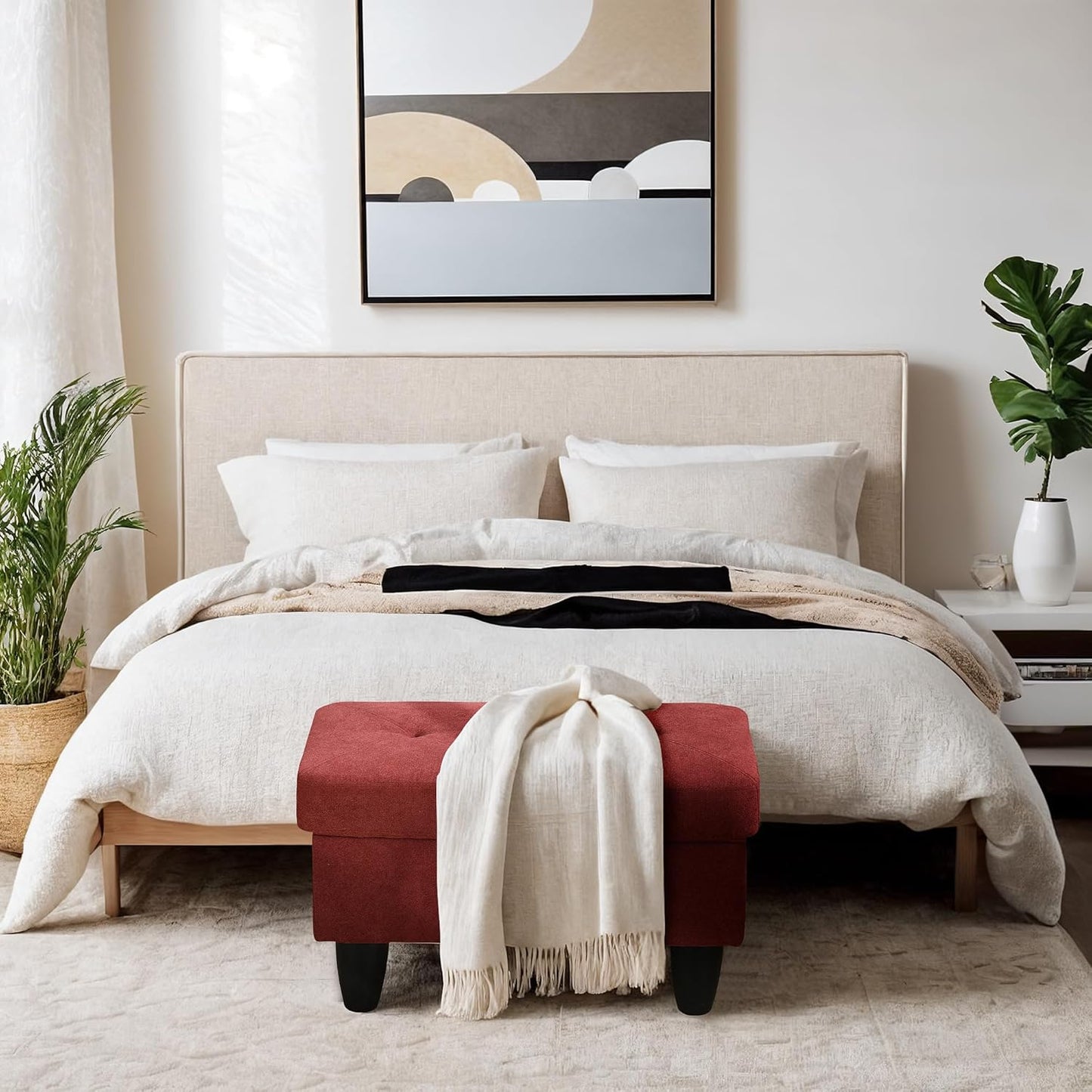 Ottoman Rectangular Storage Ottoman Bench, Flannel Footrest Stool Footstool with Lid for Living Room, Bedroom, Entryway, Red, 28.5"x19"x17.5"