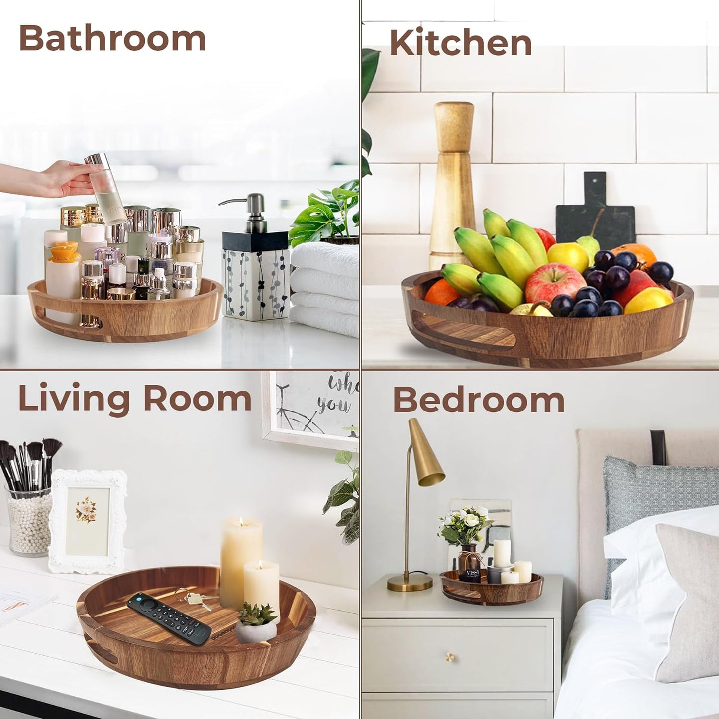 Lazy Susan for Table top 12 inch Wooden Large Lazy Susan Turntable Tray Organizer for Cabinet, Dining Table Centerpiece, Pantry, Kitchen Spice Cabinet Countertop Organizer, 100% Acacia Wood