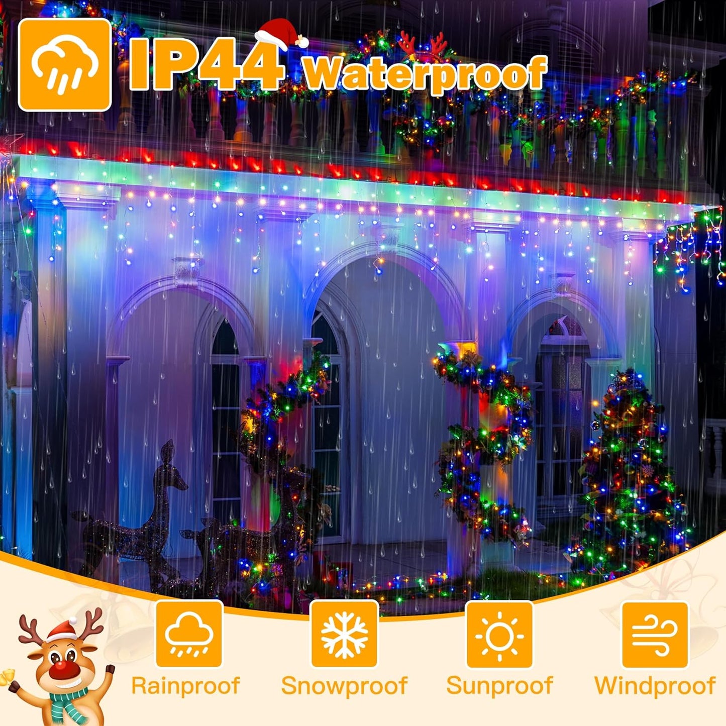 Ollny Icicle Lights for Outside 720LED 60FT, Multicolor Christmas Lights with Remote 8 Modes Dimmable, Waterproof Connectable Timer Hanging Light for House Outdoor Yard Indoor Decorations