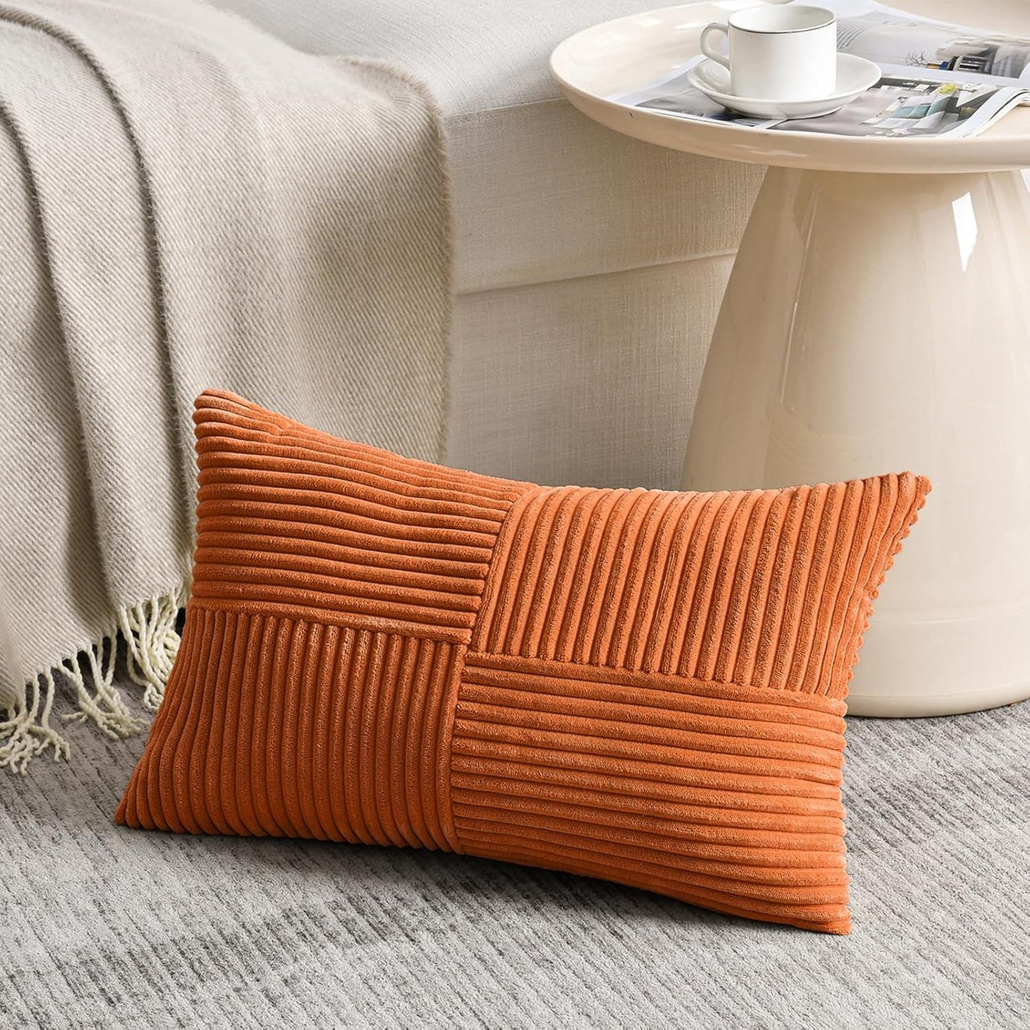Fancy Homi 2 Packs Burnt Orange Lumbar Decorative Throw Pillow Covers 14x24 Inch for Couch Bed Sofa, Farmhouse Boho Home Decor, Soft Striped Corduroy Rectangle Accent Cushion Case 35x60 cm