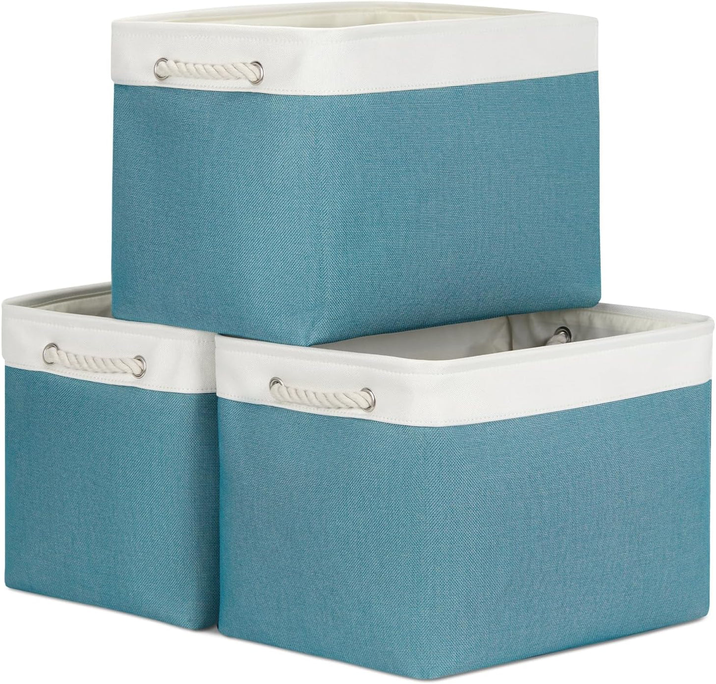 Bidtakay Large Storage Baskets for Shelves 3 Pack 16x11.8x11.8 Inch Storage Bins for Organizing Fabric Storage Cubes for Closet Clothes Basket Laundry-White&Teal