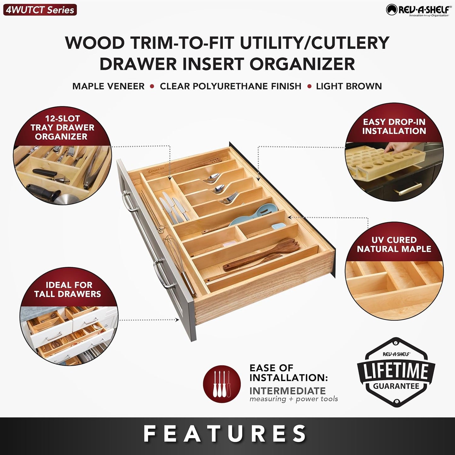 Rev-A-Shelf Trim-to-Fit Silverware Drawer Organizer For Kitchen Utensils, Cutlery Cabinet Storage Divider Insert, 33" x 22", Maple Wood, 4WUTCT-36-1