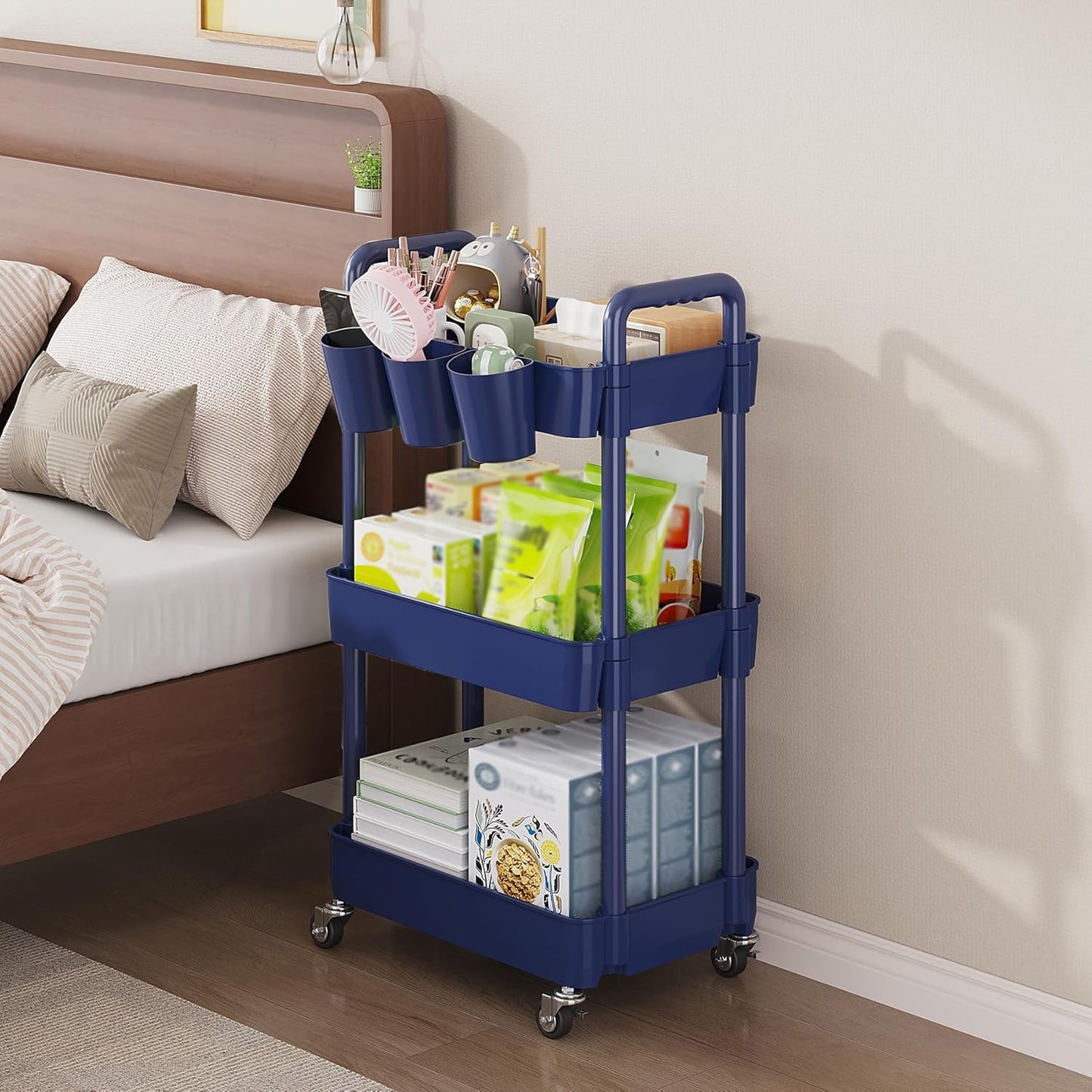 UDEAR 3-Tier Rolling Utility Cart,Multifunctional Storage Shelves with Handle and Lockable Wheels for Room,Office,Kitchen,Bathroom,with 3 Hanging Cups,Blue
