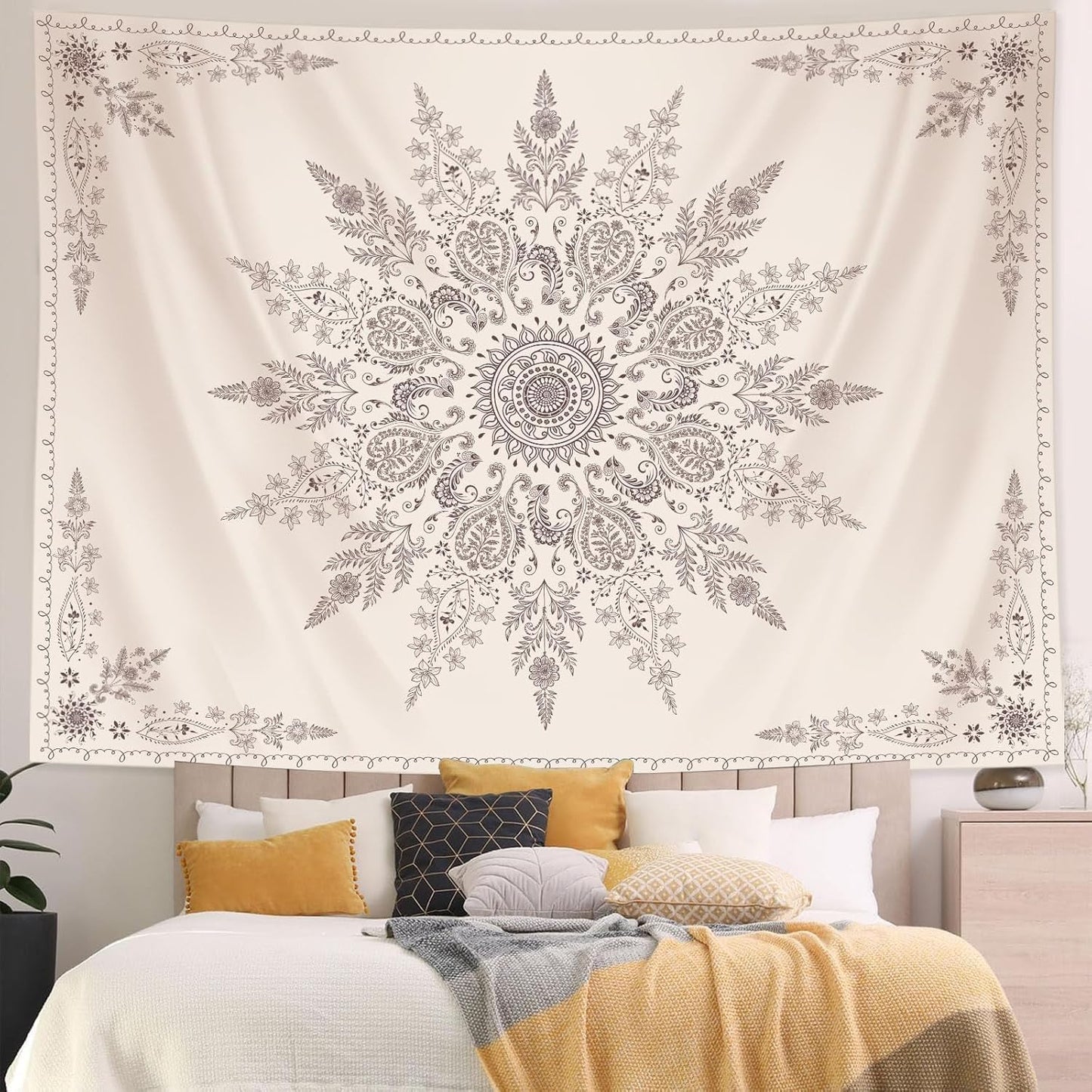 Lunerfex Boho Floral Tapestry Mandala Wall Tapestry, Cute Tapestries for Bedroom Beige Flower Tapestries Wall Hanging for Bedroom Living Room Decor Beige-2 60"x80"