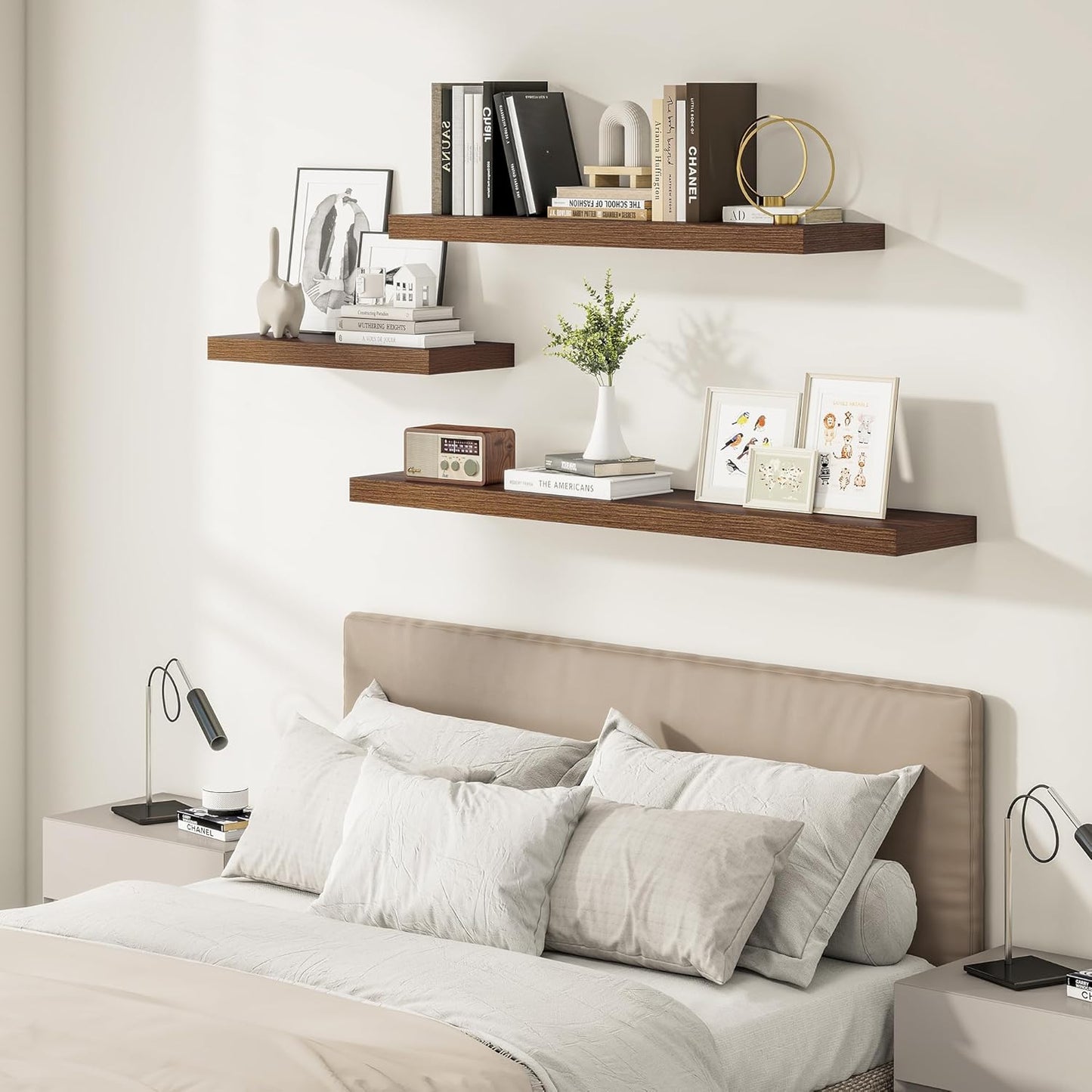 Wide Floating Shelves for Wall 12 Inch Deep, 48" X 12" X 2" Floating Shelf, 2 Inch Thick Shelf for Bathroom Bedroom Kitchen Book Room, Heavy Duty 75lbs Shelves for Farmhouse Decor Set of 2, Walnut