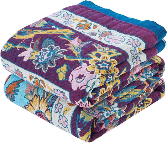 Fall Blanket for Bed, 100% Cotton Soft Rustic Boho Throw Blanket Quilt, 90"x98" Farmhouse Decor Bed Flower Blankets, Light Weight Reversible Bohemian Throw Quilt