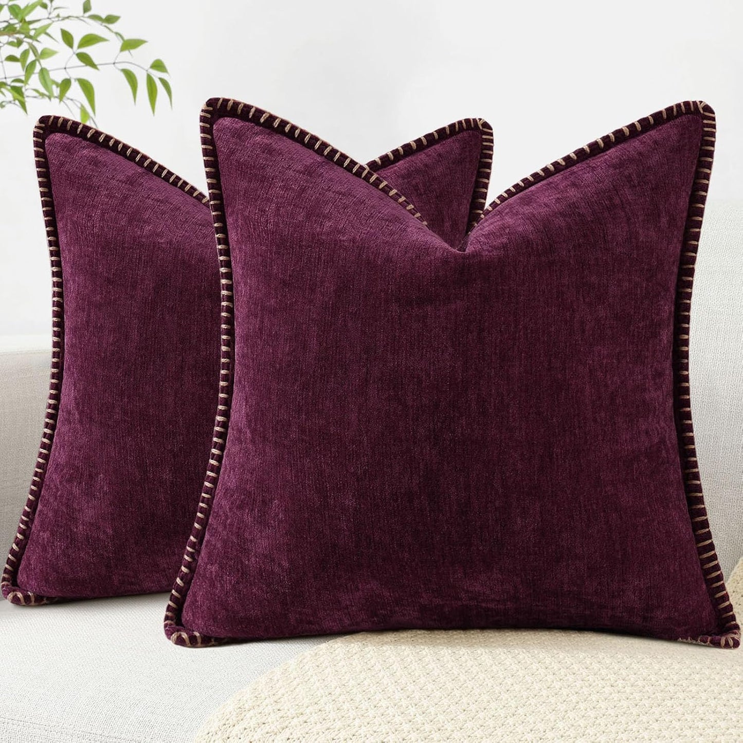 decorUhome Chenille Soft Throw Pillow Covers 24x24 Set of 2, Farmhouse Velvet Neutral Decorative Euro Pillow Covers with Stitched Edge for Couch Sofa Bed Home Decor, Rhododendron