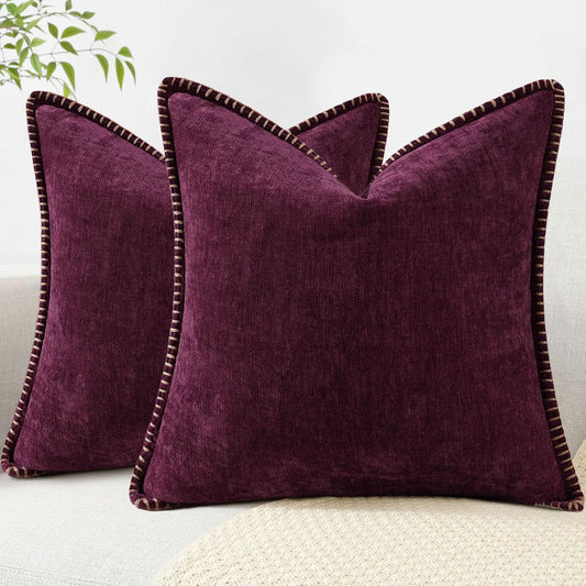 decorUhome Chenille Soft Throw Pillow Covers 22x22 Set of 2, Farmhouse Velvet Neutral Decorative Euro Pillow Covers with Stitched Edge for Couch Sofa Bed Home Decor, Rhododendron