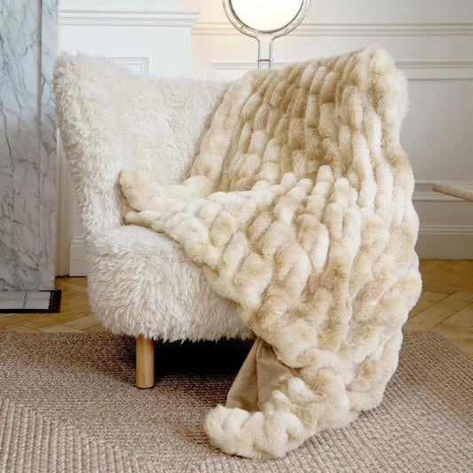 Faux Fur Blanket, Throw Blanket for Couch, Fluffy Blanket with Stretch Ruched Design, Ultra Soft Giftable Home Decor, 50x60 inches, Tie-Dyed in Khaki