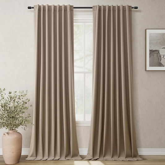 BOODII 108 Inch Black Out Curtains 2 Panels Set Back Tab Thermal Insulated Natural Linen Textured Blackout Curtains Noise Reducing Light Brown Neutral Living Room Darkening Window Drapes 52x108