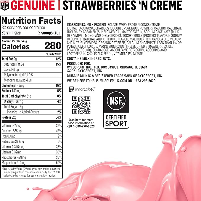 Muscle Milk Genuine Protein Powder, Strawberries 'N Crème, 32g Protein, 4.94 Pound
