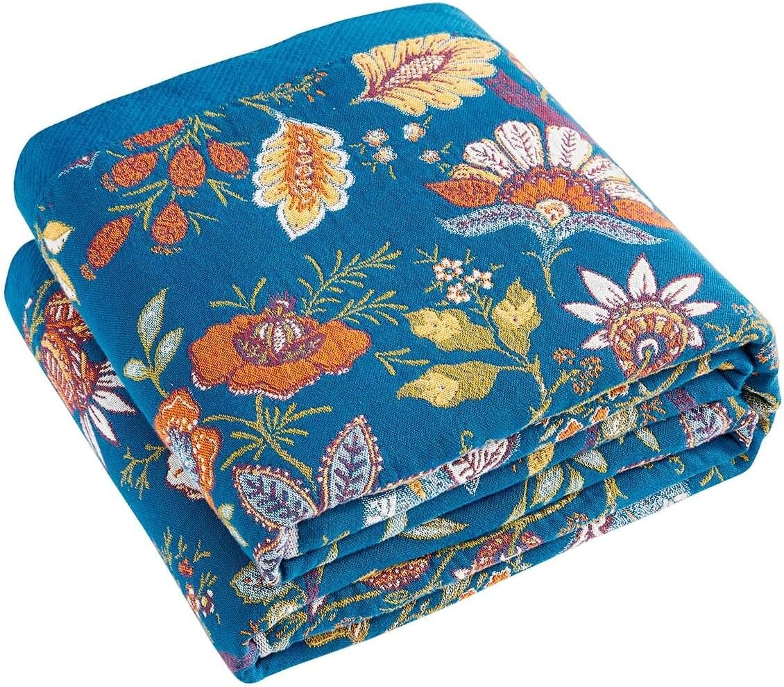 Fall Throw Blanket for Couch, Blue Boho Decorative Throw Blanket, 100% Cotton Muslin Breathable Woven Farmhouse Blankets Quilt, 60"x80" Reversible Lightweight Blankets Bohemian Throw Quilt