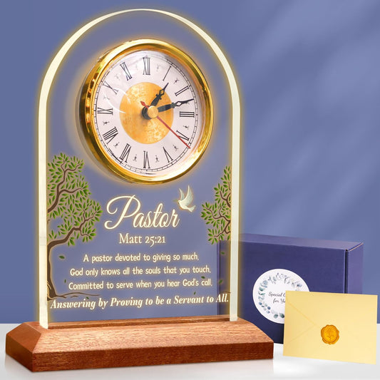 Pastor Appreciation Gifts, Pastor Gifts for Men Women, Light Up Quartz Clock with LED Wooden Base for Pastor Home Office Decor, Lighting Desk Table Clock,Thank You Presents for Pastor Preacher