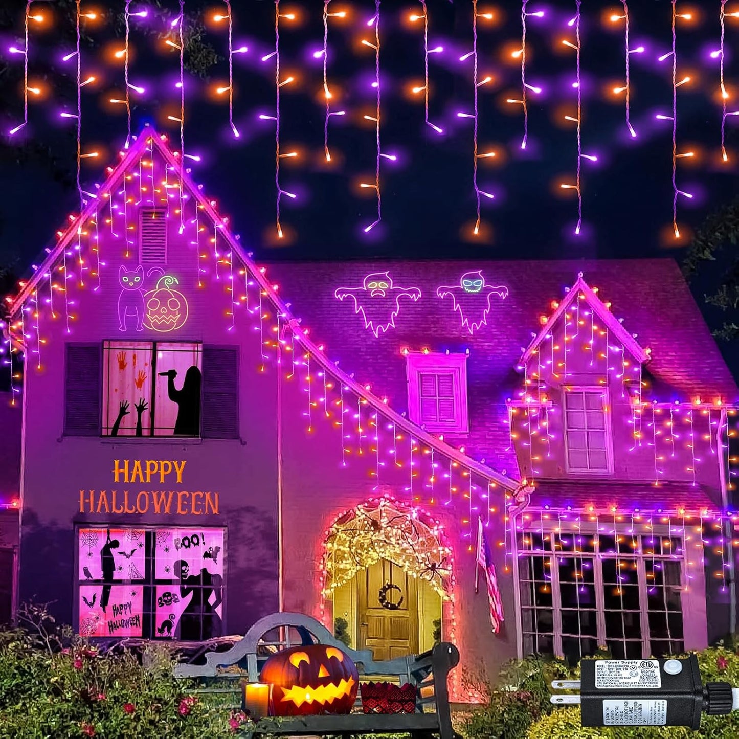 66ft Halloween Lights Outdoor, 640 LED Icicle Lights for Outside, Orange and Purple Twinkle Lights with Connectable Clear Wire 8 Modes Timer Waterproof for House Party Tree Holiday Yard Decorations
