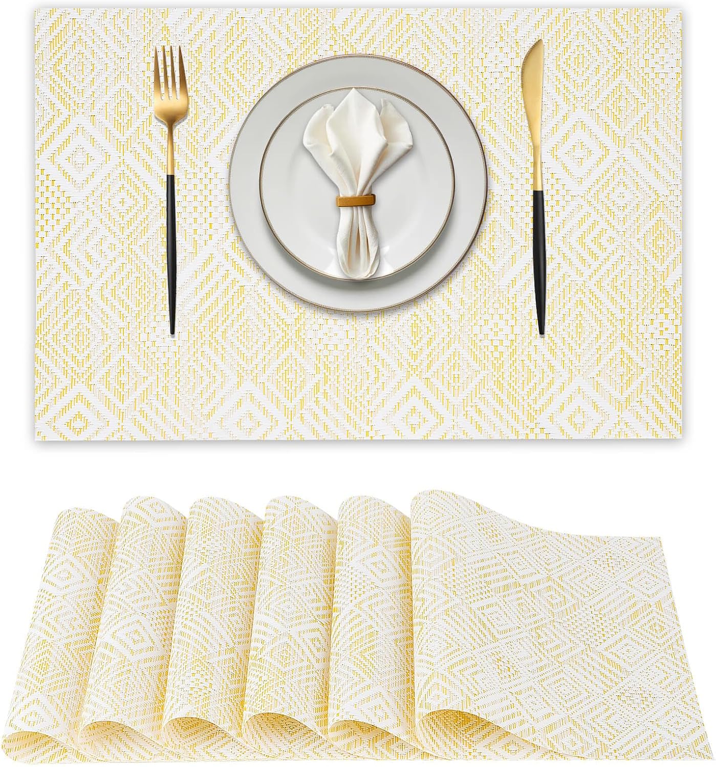Vinyl Plastic Placemats Set of 6 Washable Heat Resistant Non-Slip Elegant Indoor Outdoor Kitchen Dining PVC Woven Table Place Mats (Yellow Squares)