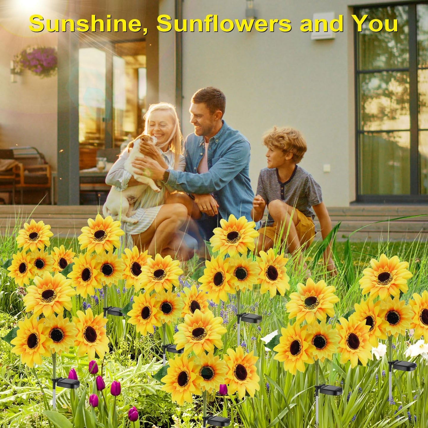 Outdoor Solar Garden Stake Lights,Upgraded LED Solar Powered Light with 3 Sunflower, Waterproof Solar Decorative Lights for Garden, Patio, Backyard (2 Pack 8 Flower)