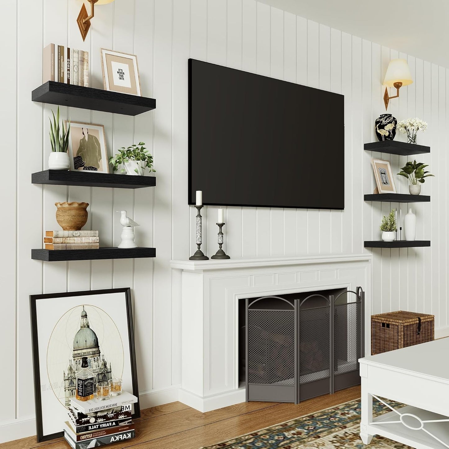 Black Floating Shelves for Wall, 16 inchs x 6.7” deep x 1.4” Wall Shelf for Bathroom Bedroom, Living Room, Kitchen, Office Home Decor, Narrow Wood Shelves with Invisible Brackets Set of 2