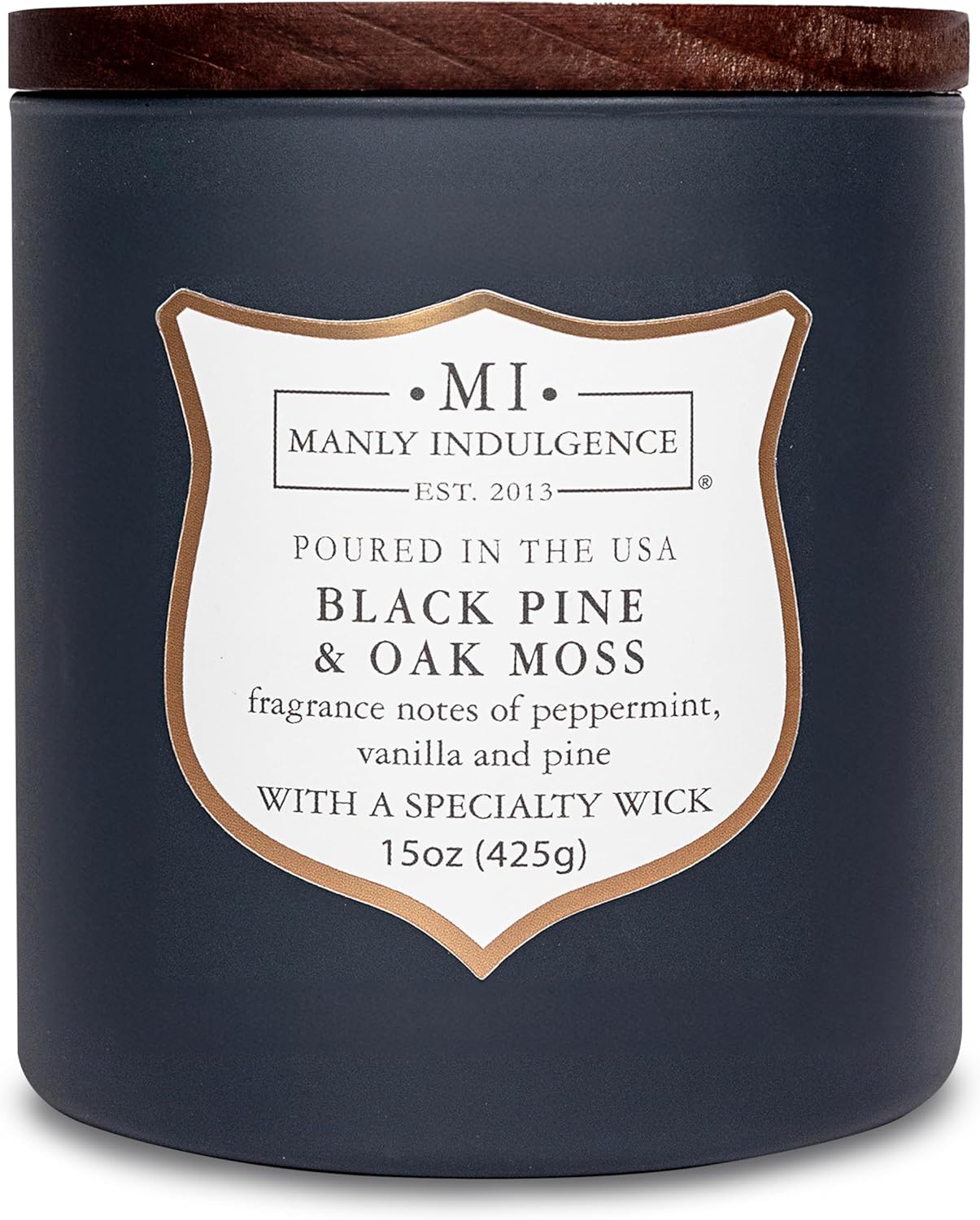 Manly Indulgence Black Pine Oakmoss Scented Candles for Men, 15 oz Wooden Wick, Premium Soy Blend Wax, 60H Burn, Candles for Home Scented - Made in The USA