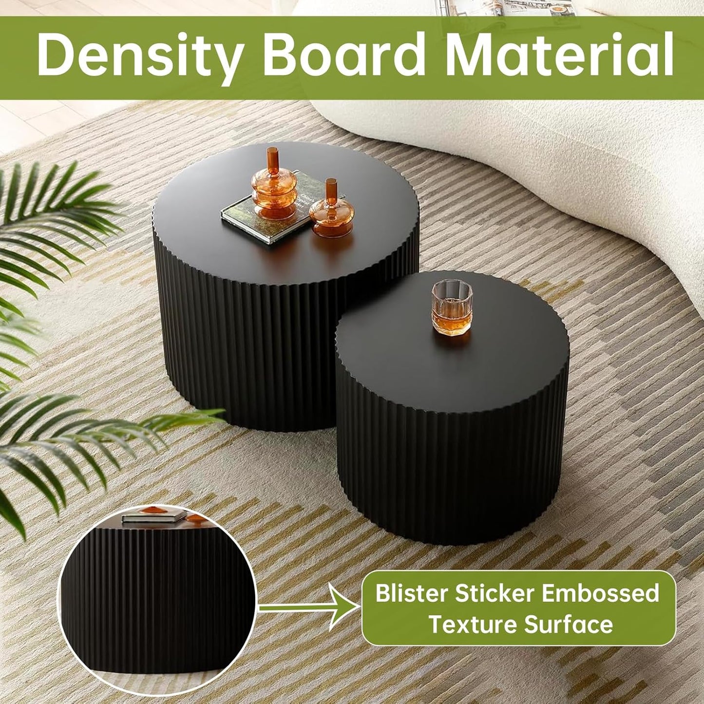 Round Nesting Coffee Table Modern Black Fluted Coffee Table Set of 2 for Living Room Circle Drum Coffee Tables Round Nesting Tables for Small Spaces (Black B 27in)
