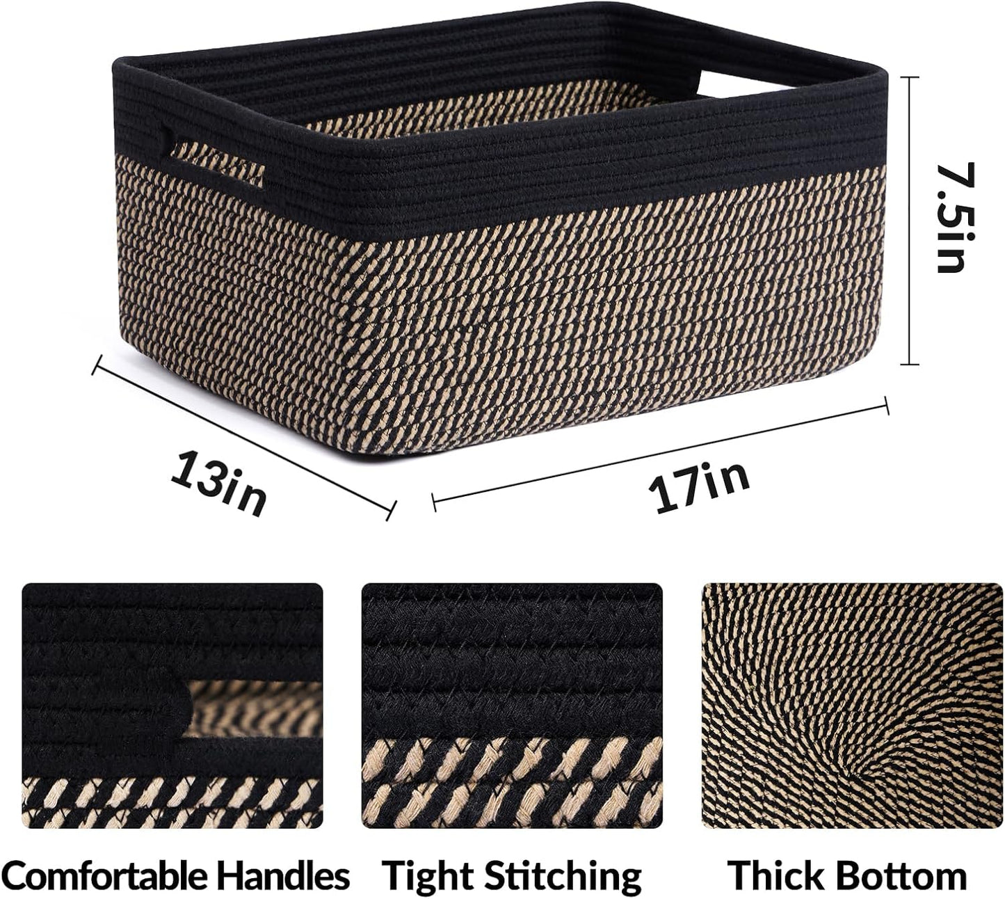 Large Storage Baskets for Shelves, Closet Organizers Bins for Clothes Blanket Towels, Baby Nursery, Toy Baskets Box, Woven Rope Baskets, 17 x 13 x 7.5”, 2 Packs Woven Brown