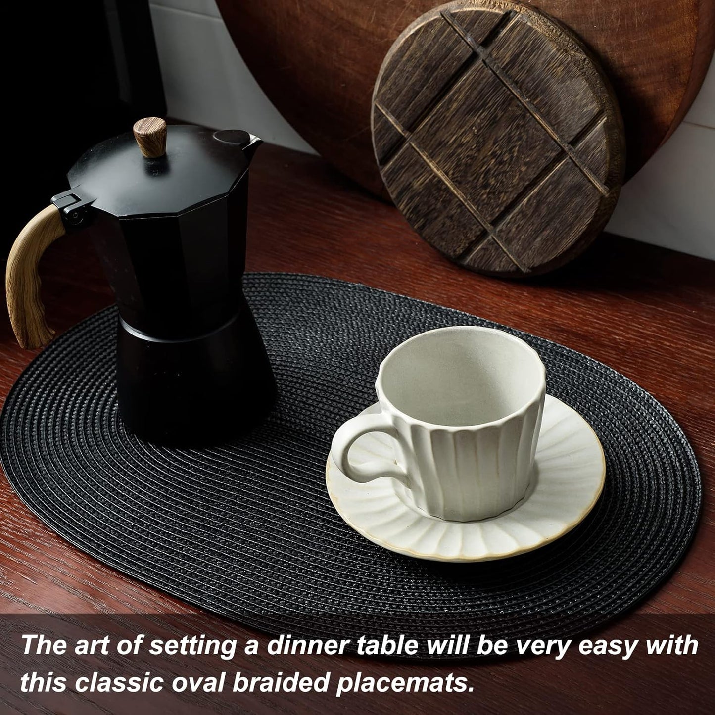 AHHFSMEI Placemats Set of 6 for Dining Table Washable Woven Vinyl Non-Slip 18x12 inches Placemat Heat-Resistant Durable Table Mats for Dining Table Easy to Clean (Oval Black, 6)