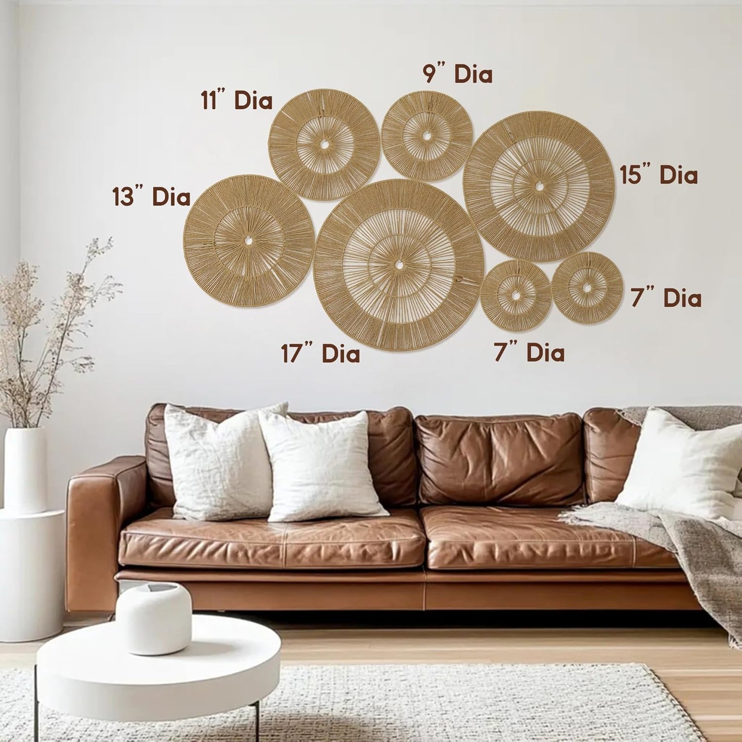 Mokof 7 Pack Boho Wall Decor Round Baskets Set (Small 7" to Largest 17") - Handwoven Large Wall Hanging Art for Bedroom, Living Room, Home Office