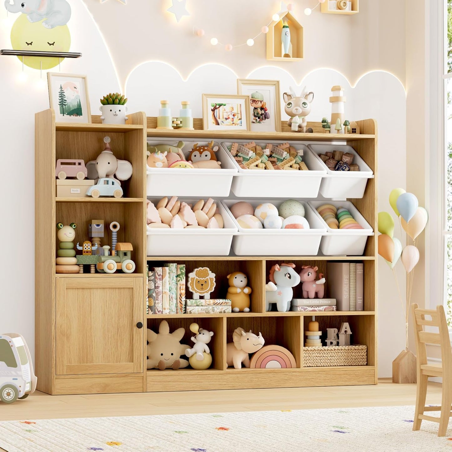 Toy Storage Organizer, 55” Wide Toy Organizers and Storage with 8 Storage Cubbies & 6 Toy Bins, Large Toy Box with Bookshelf, Playroom Storage for Playroom, Oak