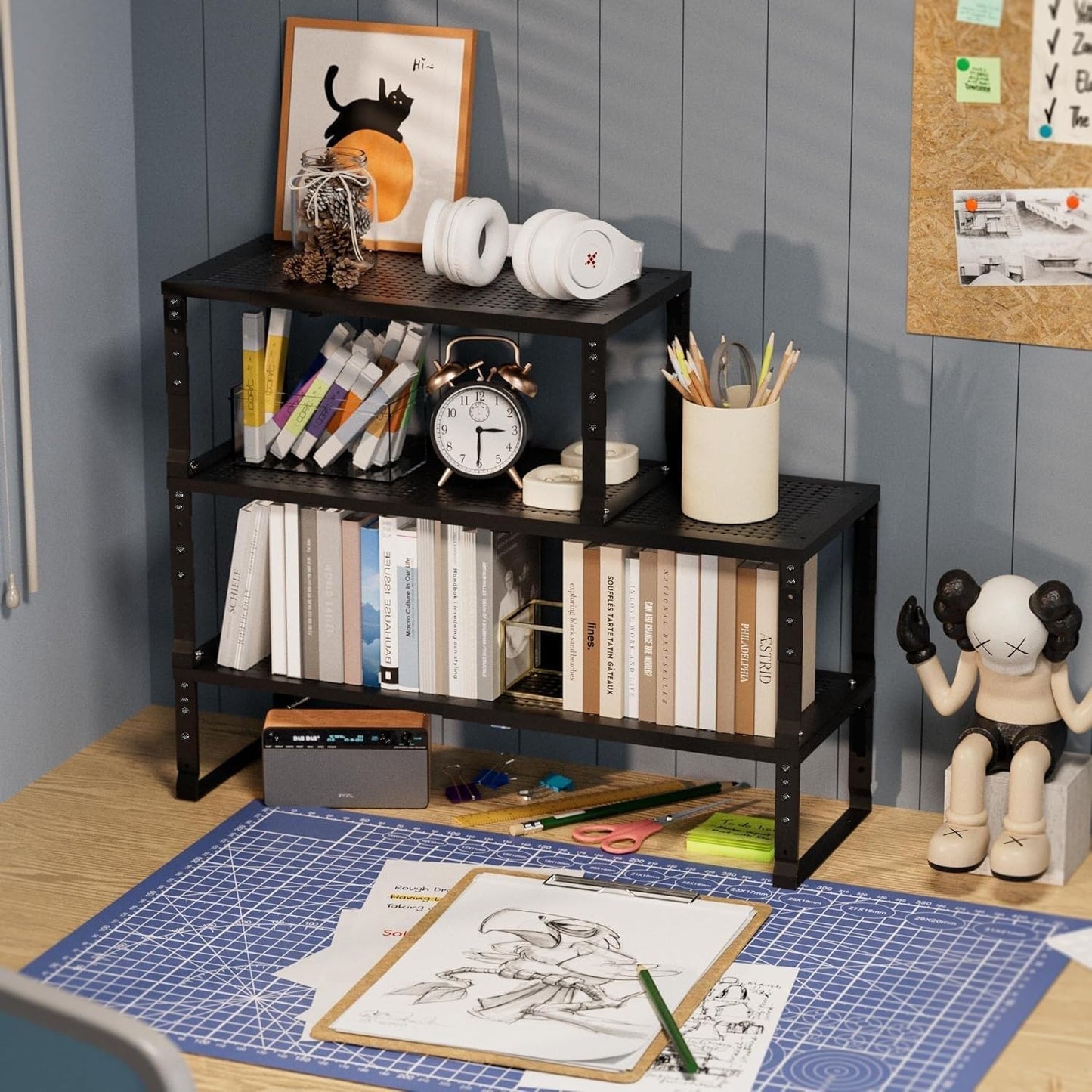 Expandable Spice Rack Kitchen Cabinet Shelf Organizer, Stackable Storage Shelves Racks, Adjustable Counter Shelving for Cabinets, Countertop, Cupboard,Pantry and More(1Pack/Black/Medium)