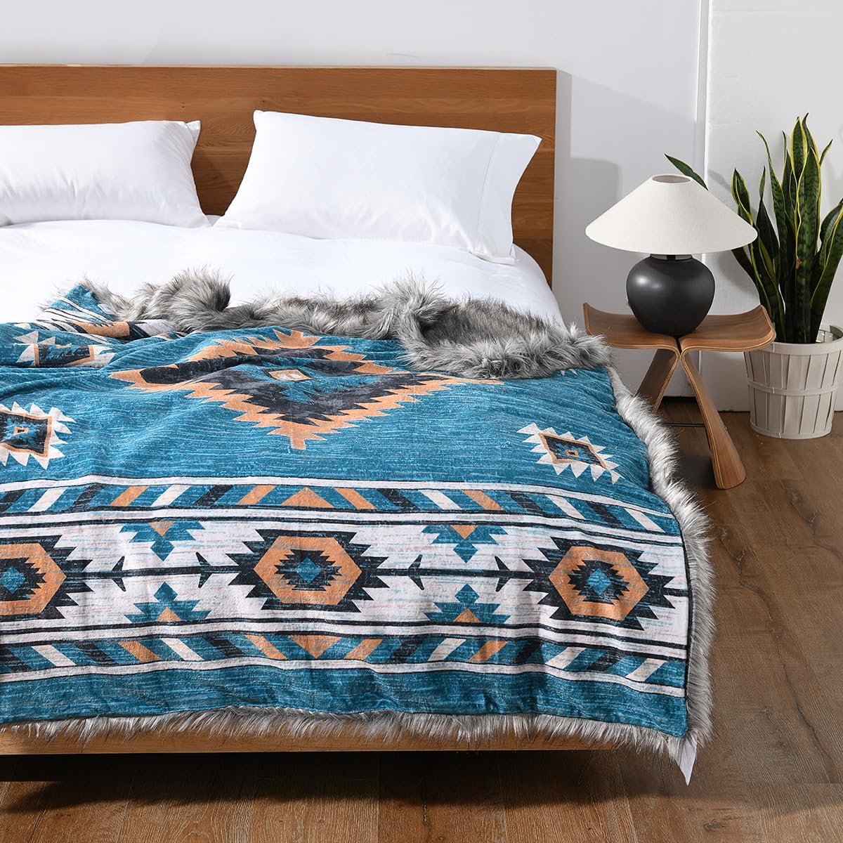 Luxury Plush Faux Fur Throw Blanket with Aztec Pattern, Super Warm, Fuzzy, Elegant, Fluffy Decoration Blanket for Couch, Armchair, Sofa and Bed, 50''x 60'', Teal