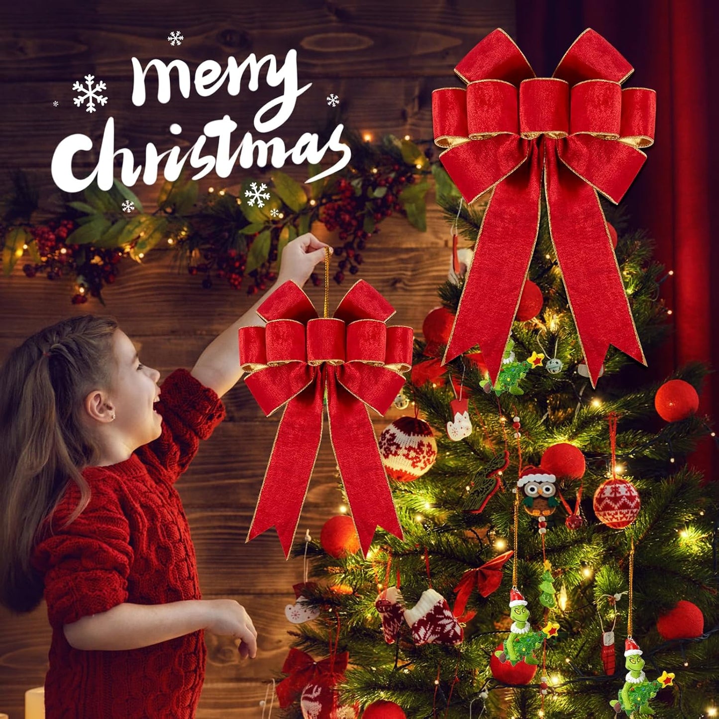 3pcs Large Christmas Bows Velvet Red Bows Holiday Red Christmas Bows Decorations for Wreath Velvet Bows Decor for Christmas Tree Topper, Front Door, Outdoor(14 * 12 inch)