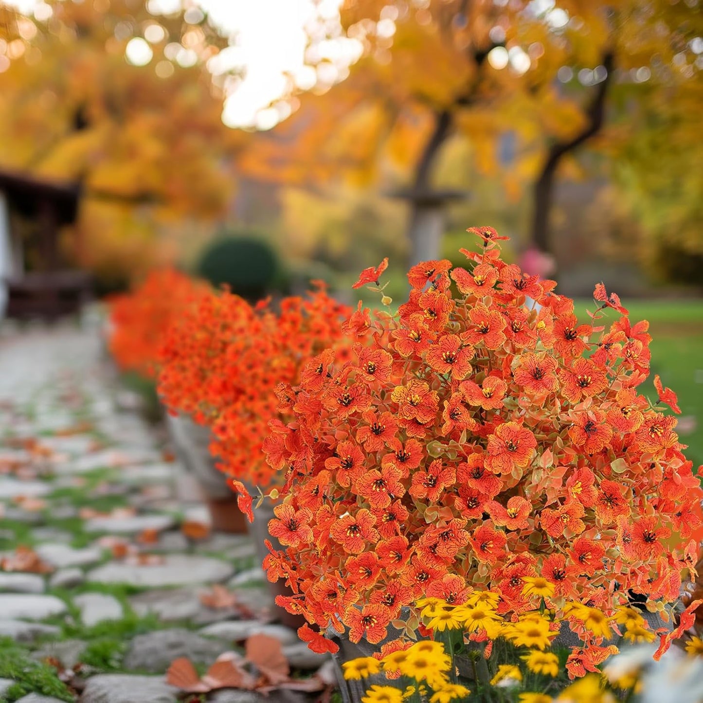 Set of 4 Artificial Fall Topiary Ball Flowers for Outdoor Decoration with Spike 20", UV Resistant Fake Autumn Floral Shrubs, Realistic Faux Bushes Plants for Garden,Yard,Porch and Patio Decor