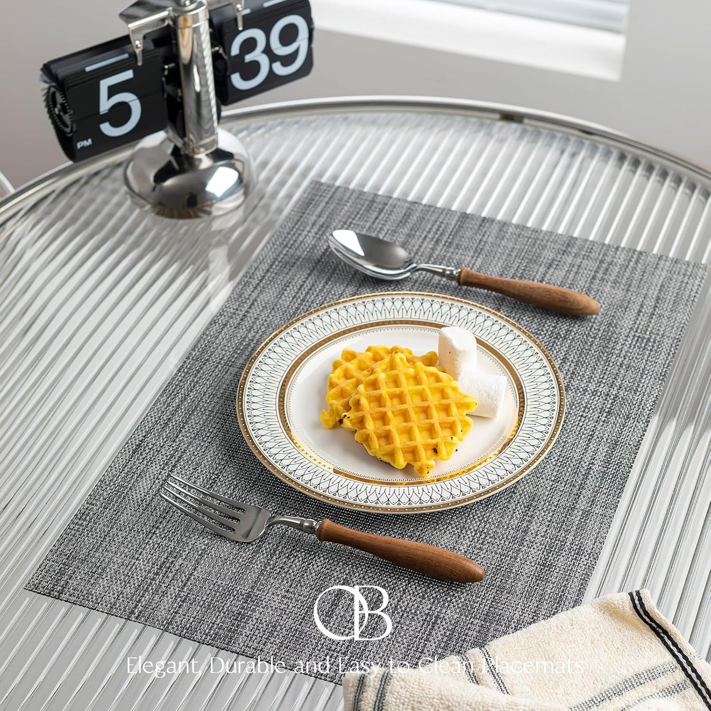 Placemat Set of 4 - Easy Clean Woven Vinyl Placemats for Dining Table, Indoor/Outdoor Place Mats, Washable PVC Table Mats（Dark Gray）