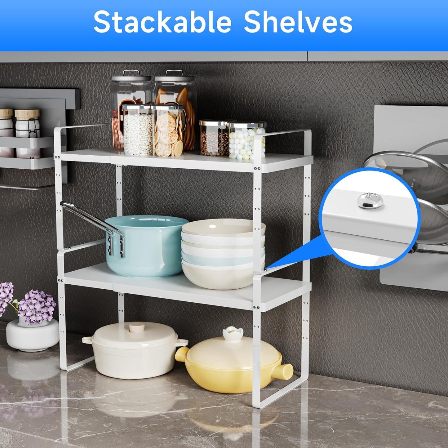 Expandable Cabinet Shelf Organizer, Stackable Kitchen Pantry Counter Storage, Adjustable Closet Cupboard Stand Rack Risers Spice Organization 80LBS Heavy Duty White 3 Pack