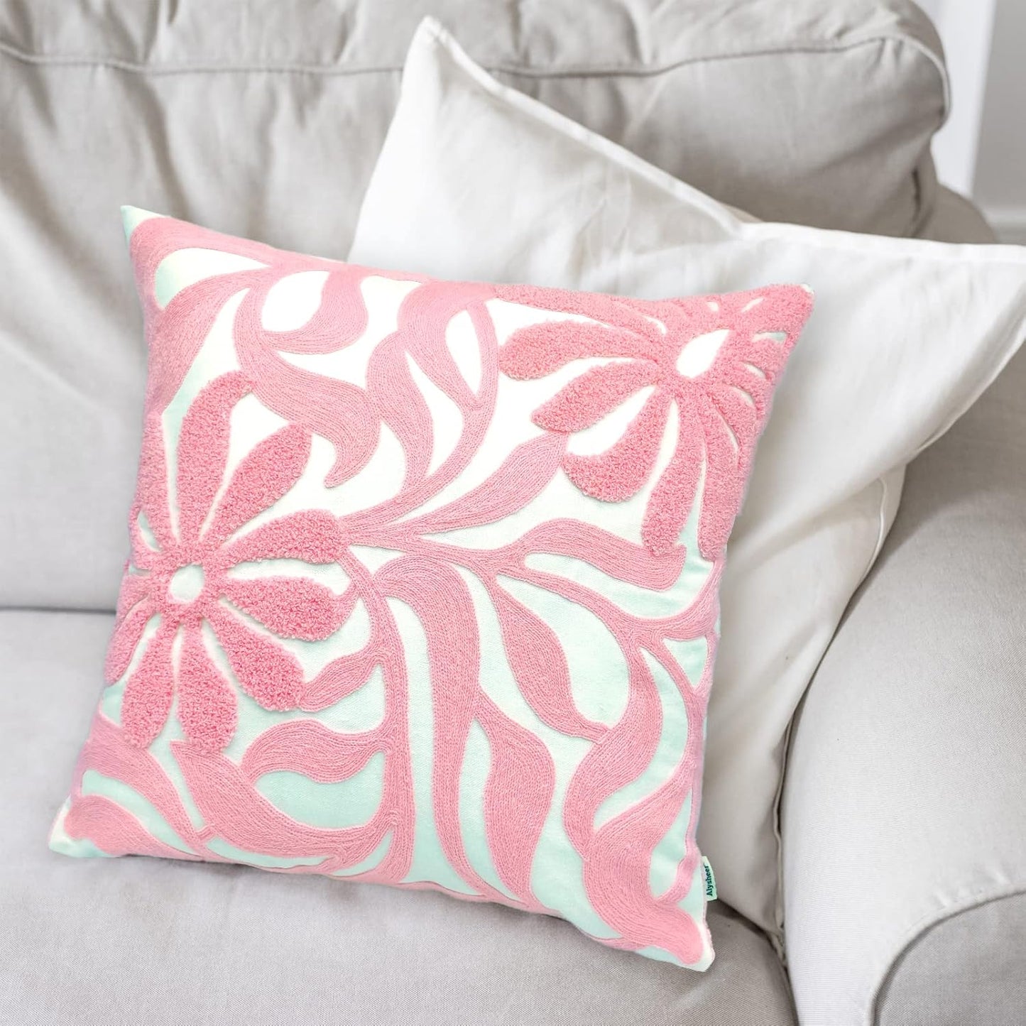 Alysheer Farmhouse Floral Leaves Embroidered Decorative Throw Pillow Cover 18x18 inches, Boho Tufted Flowers Embroidery Pattern Chic Cotton Cushion Case for Couch Bed Sofa Living Room(Light Pink)