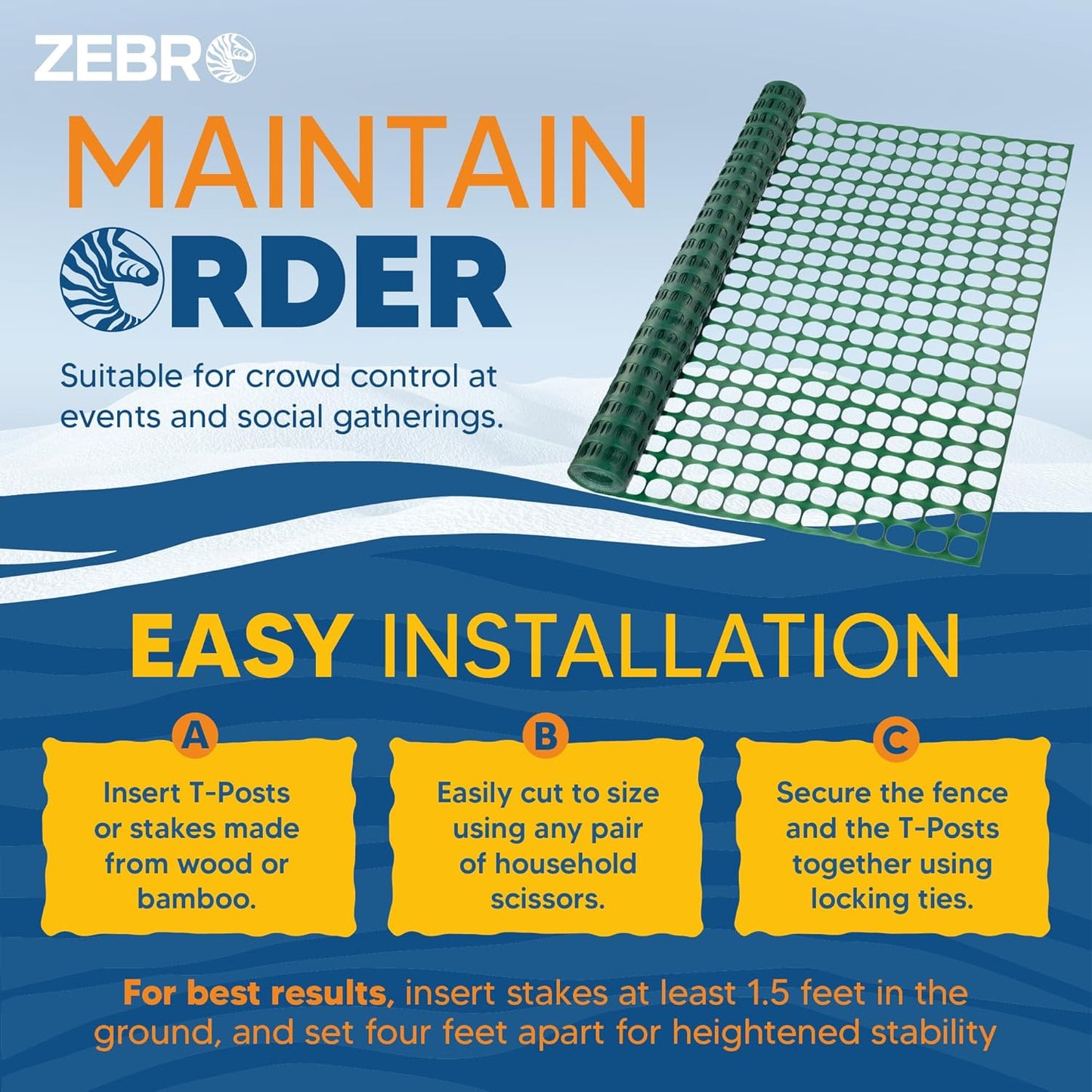 ZEBRO 4' x 50' Green Plastic Garden Fence Roll – Standard Duty Safety Netting for Snow, Poultry, Deer, Dogs – Reusable Outdoor Barrier for Yard, Landscaping, Animal Protection