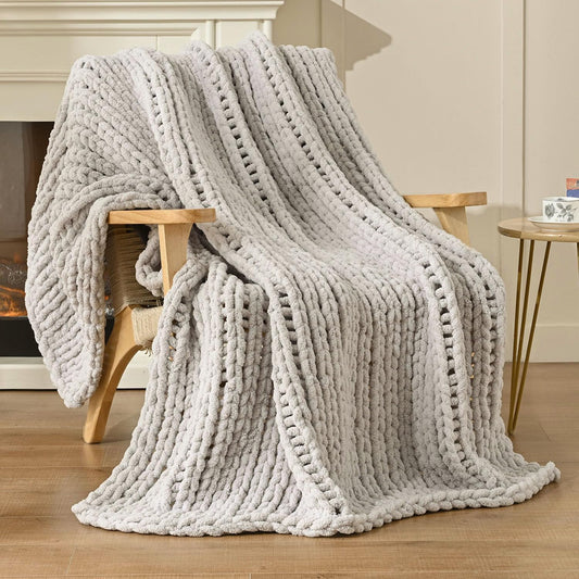 Esterra 100% Hand Knitted Chenille Throw Blanket, Cozy Soft Thick Cable Knit Throw, 40x50 Inches, Light Gray