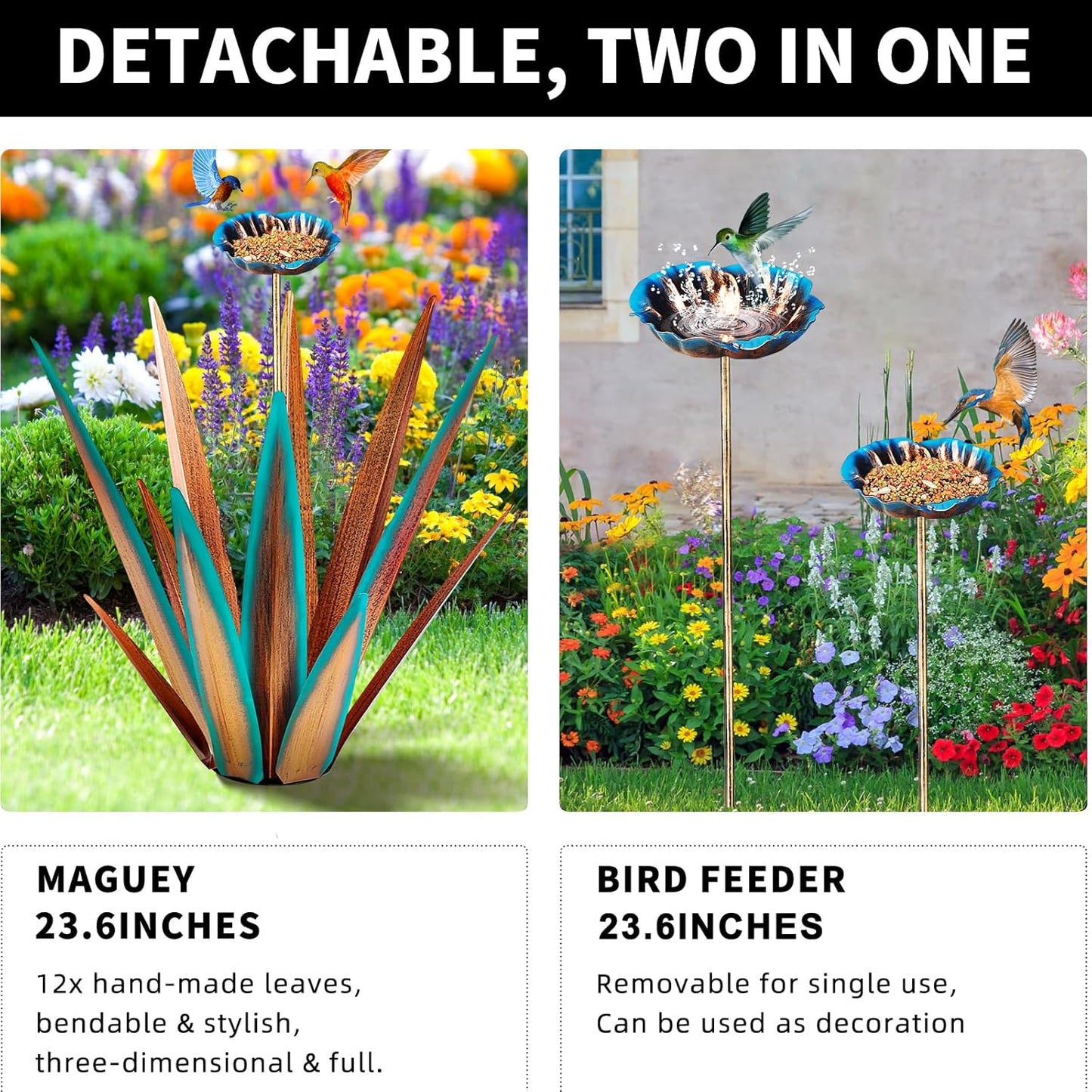 Large Tequila Rustic Sculpture, Rustic Metal Agave Plants for Outdoor, Home Decor Garden Yard Statue (Blue - L (W/Bird Feeder))