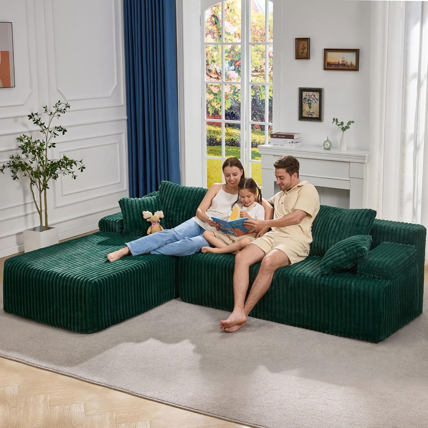 Hobestluk Modular Sectional Sofa Couches 108" L-Shape Couch 3 Seat Modular Sofa Memory Foam Sectional Couches for Living Room, Boneless Couch with Oversized Chaise (Green, Left Facing)