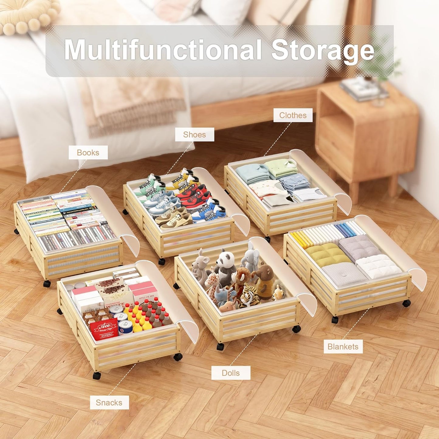 Under Bed Storage Containers With Wheels - 2 Pcs Bamboo Wood Rolling Underbed Shoe Storage Bins With Dust Bags for Clothes Blankets, Duvet Covers Snacks Toys (Natural)