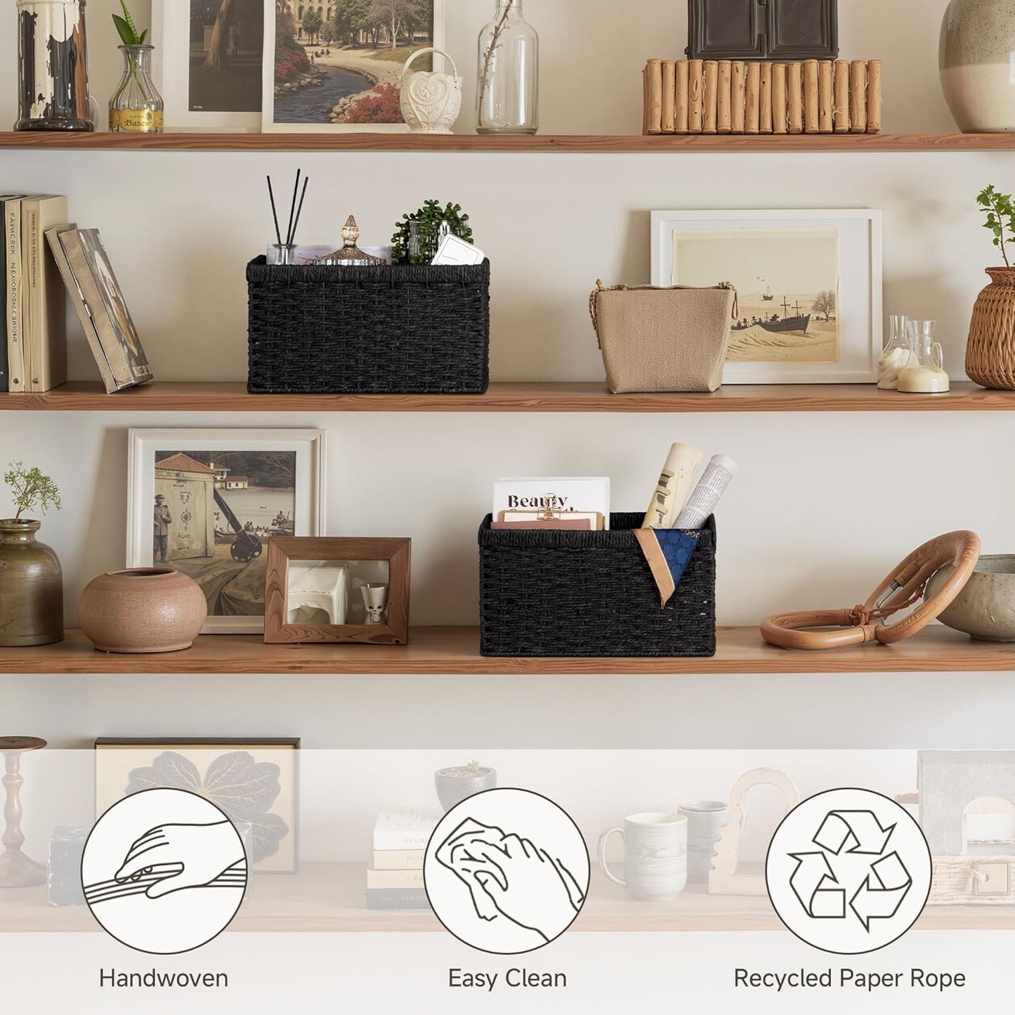 StorageWorks Pantry Baskets, Wicker Storage Baskets for Organizing, Bathroom Shelves, Pantry Organizers and Storage, Medium, Black, 2-Pack