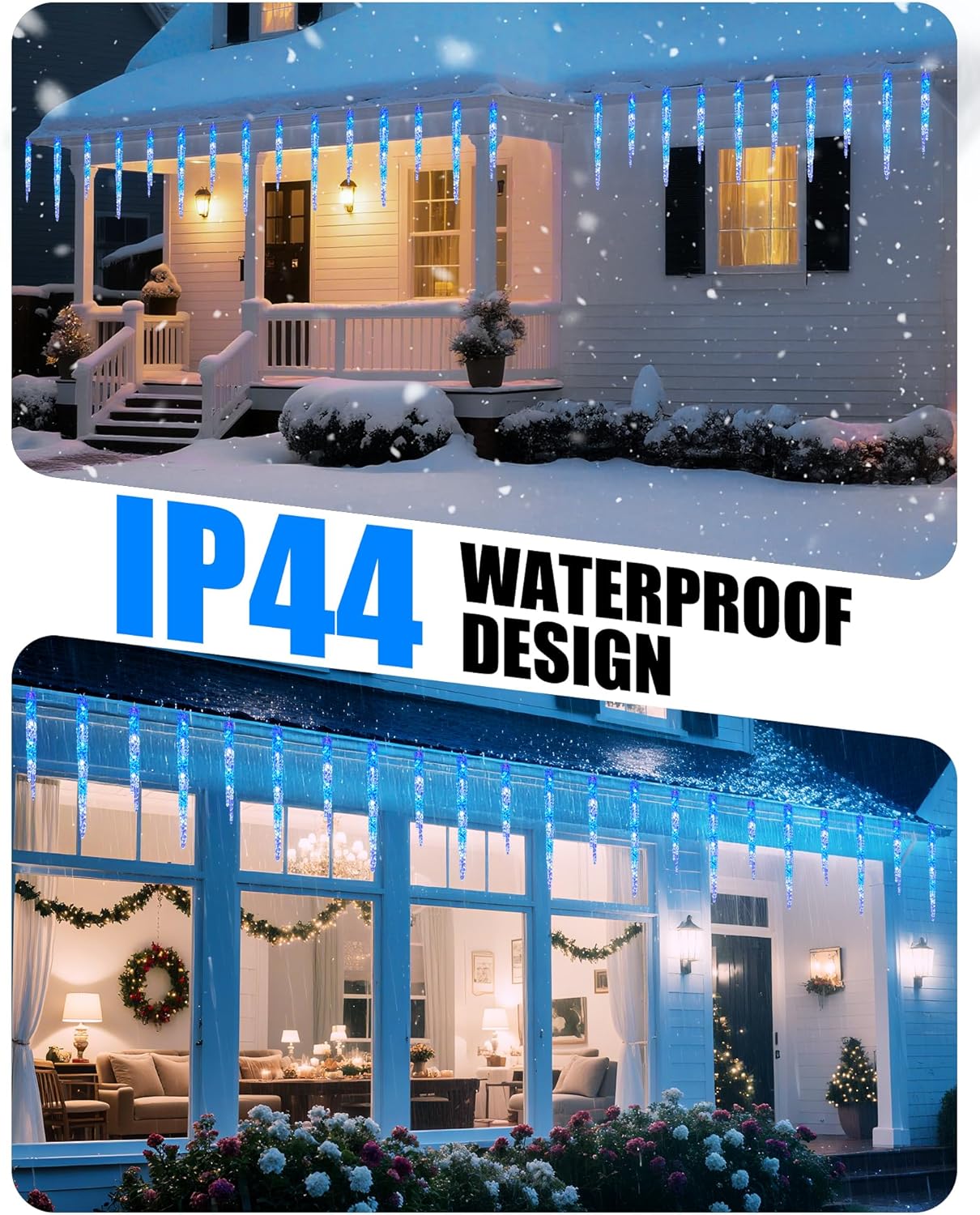 Minetom Icicle Lights Outdoor with Clips, 2 Pack Total 40ft 200 LED 40 Tubes Twinkling Connectable Hanging Ice Shape Christmas String Lights Plug in for Eave Holiday Outdoor, Blue and White