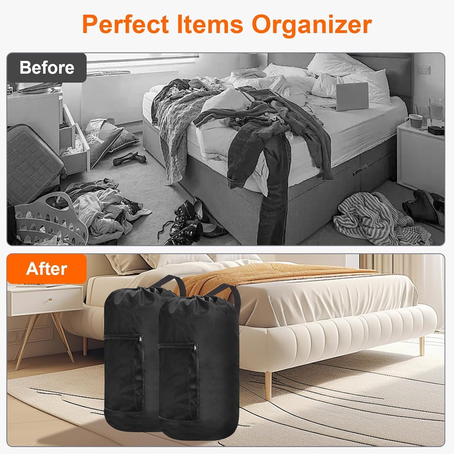 Femuar Laundry Bag Backpack Durable Laundry Bag with Shoulder Straps and Mesh Pockets Portable Laundry Dirty Clothes Hamper Bag for College Dorm (Black)